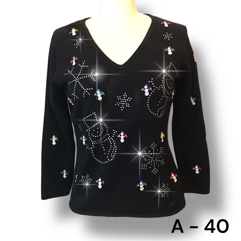 ETOILE Black Button & Rhinestone Snowmen Soft Rayon Sweater Sz M Christmas